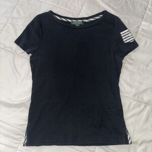 Lauren Ralph Lauren Women's Petite Medium Black 100% Cotton Shirt Stripe Accents